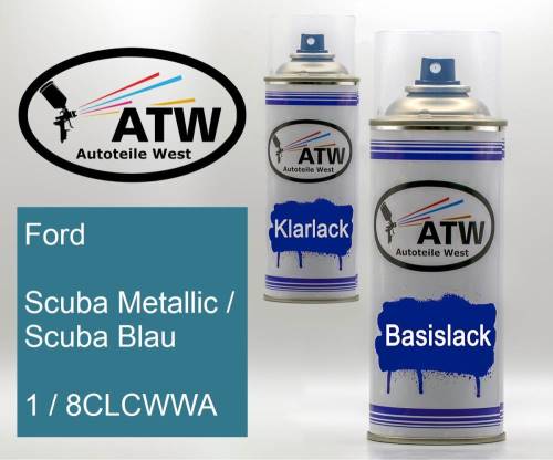Ford, Scuba Metallic / Scuba Blau, 1 / 8CLCWWA: 400ml Sprühdose + 400ml Klarlack - Set, von ATW Autoteile West.